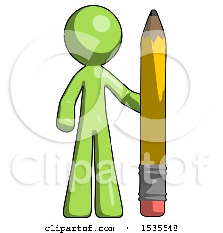 Green Design Mascot Man with Large Pencil Standing Ready to Write by Leo Blanchette