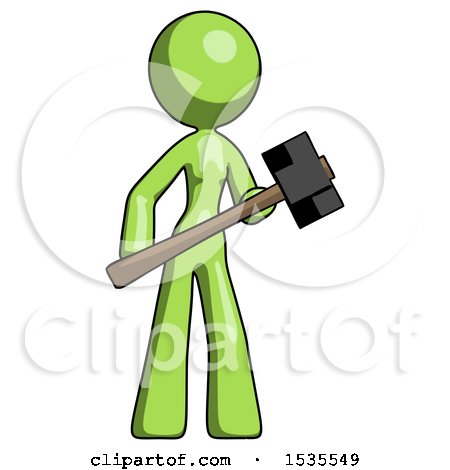 Green Design Mascot Woman with Sledgehammer Standing Ready to Work or Defend by Leo Blanchette
