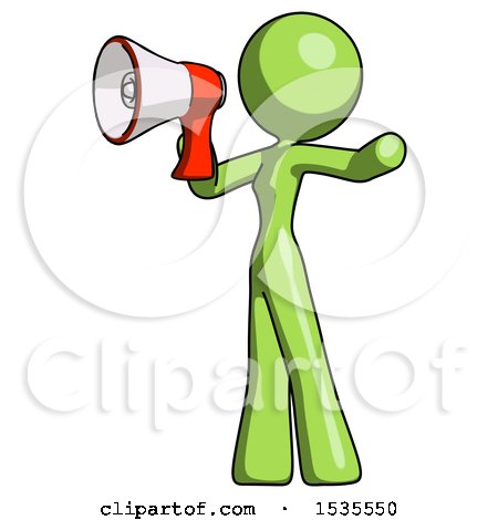 Green Design Mascot Woman Shouting into Megaphone Bullhorn Facing Left by Leo Blanchette