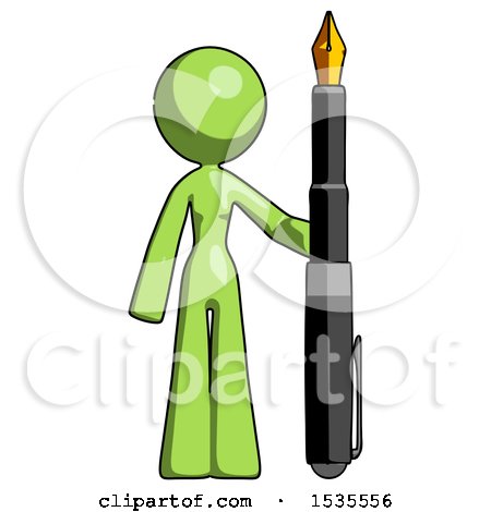 Green Design Mascot Woman Holding Giant Calligraphy Pen by Leo Blanchette
