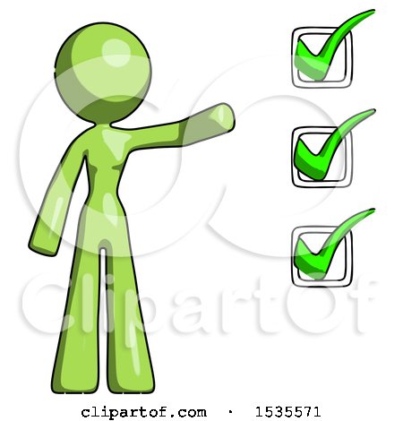 Green Design Mascot Woman Standing by a Checkmark List Arm Extended by Leo Blanchette