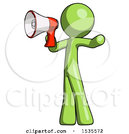 Green Design Mascot Man Shouting into Megaphone Bullhorn Facing Left by Leo Blanchette