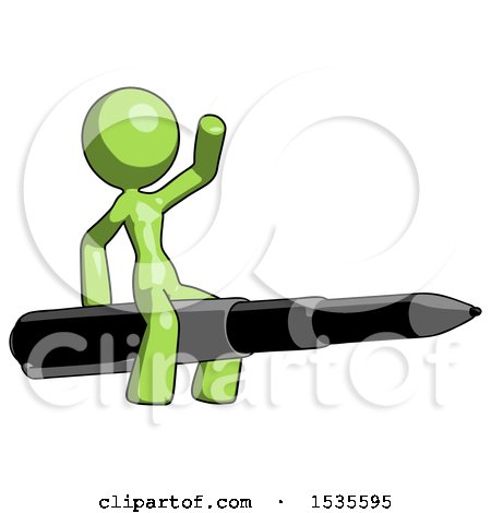 Green Design Mascot Woman Riding a Pen like a Giant Rocket by Leo Blanchette