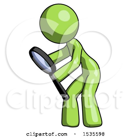 Green Design Mascot Woman Inspecting with Large Magnifying Glass Left by Leo Blanchette