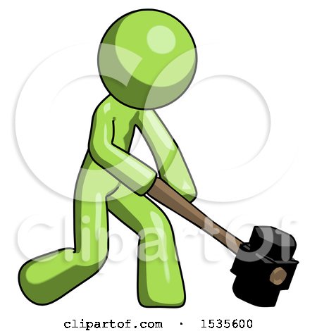Green Design Mascot Man Hitting with Sledgehammer, or Smashing Something at Angle by Leo Blanchette