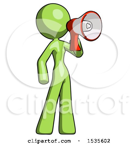 Green Design Mascot Woman Shouting into Megaphone Bullhorn Facing Right by Leo Blanchette