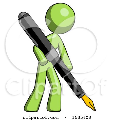 Green Design Mascot Woman Drawing or Writing with Large Calligraphy Pen by Leo Blanchette