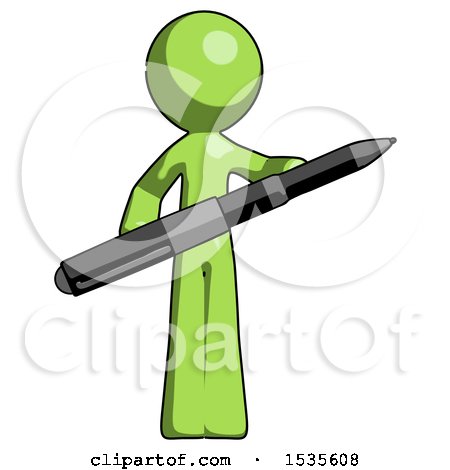 Green Design Mascot Man Posing Confidently with Giant Pen by Leo Blanchette