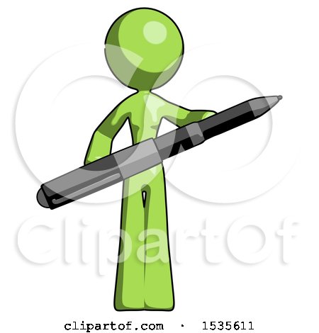 Green Design Mascot Woman Posing Confidently with Giant Pen by Leo Blanchette