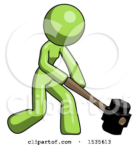 Green Design Mascot Woman Hitting with Sledgehammer, or Smashing Something at Angle by Leo Blanchette