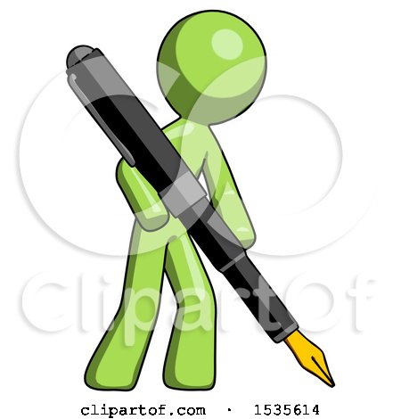 Green Design Mascot Man Drawing or Writing with Large Calligraphy Pen by Leo Blanchette