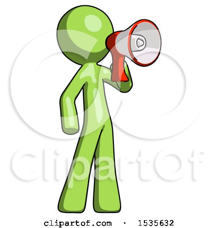 Green Design Mascot Man Shouting into Megaphone Bullhorn Facing Right by Leo Blanchette