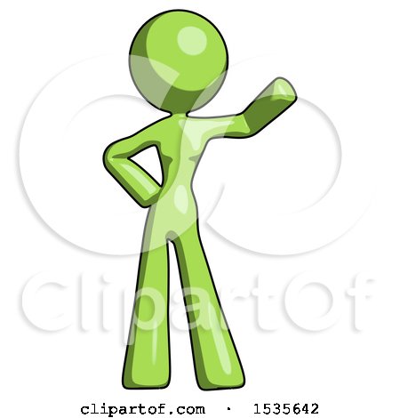 Green Design Mascot Woman Waving Left Arm with Hand on Hip by Leo Blanchette