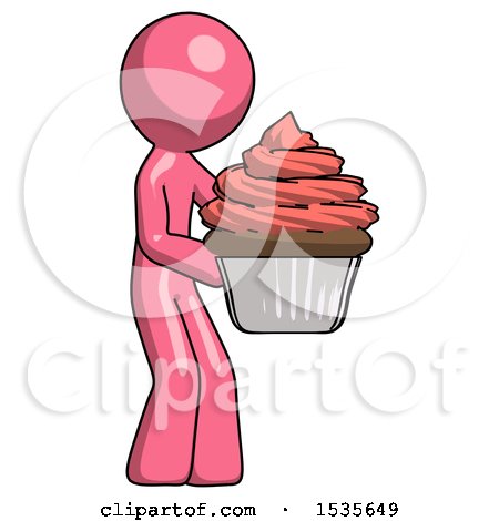 Pink Design Mascot Man Holding Large Cupcake Ready to Eat or Serve by Leo Blanchette