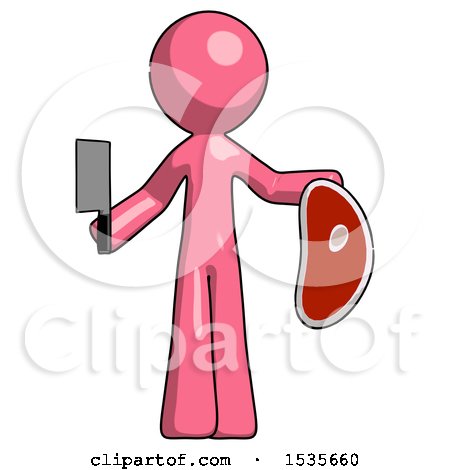 Pink Design Mascot Man Holding Large Steak with Butcher Knife by Leo Blanchette