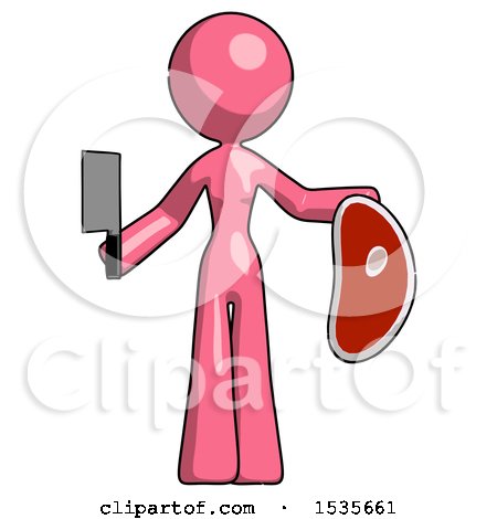 Pink Design Mascot Woman Holding Large Steak with Butcher Knife by Leo Blanchette