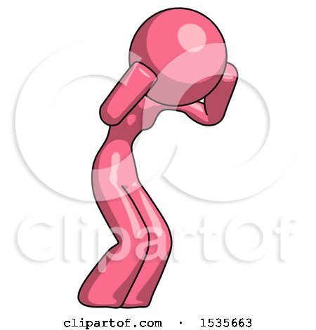 Pink Design Mascot Woman with Headache or Covering Ears Facing Turned to Her Right by Leo Blanchette