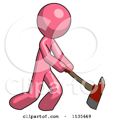 Pink Design Mascot Man Striking with a Red Firefighter's Ax by Leo Blanchette