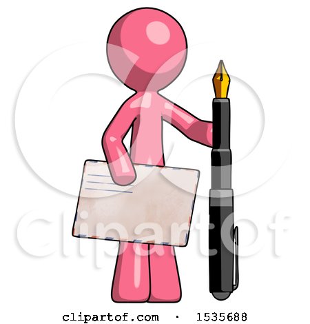 Pink Design Mascot Man Holding Large Envelope and Calligraphy Pen by Leo Blanchette