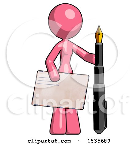 Pink Design Mascot Woman Holding Large Envelope and Calligraphy Pen by Leo Blanchette