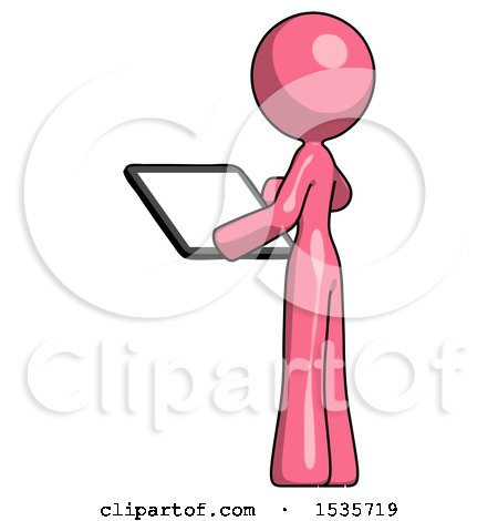 Pink Design Mascot Woman Looking at Tablet Device Computer with Back to Viewer by Leo Blanchette