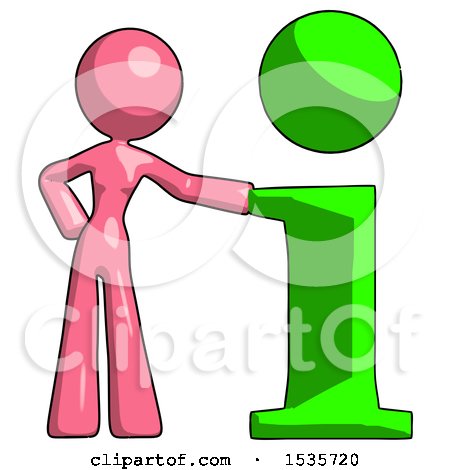 Pink Design Mascot Woman with Info Symbol Leaning up Against It by Leo Blanchette