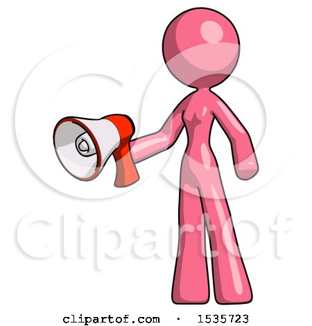 Pink Design Mascot Woman Holding Megaphone Bullhorn Facing Right by Leo Blanchette