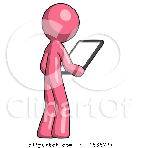Pink Design Mascot Man Looking at Tablet Device Computer Facing Away by Leo Blanchette