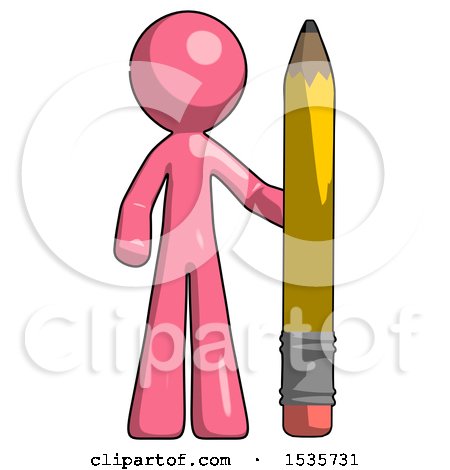Pink Design Mascot Man with Large Pencil Standing Ready to Write by Leo Blanchette