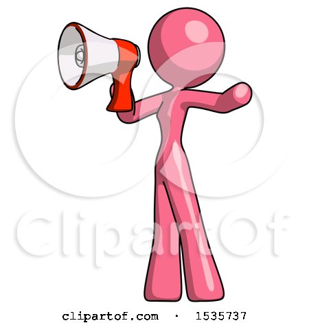Pink Design Mascot Woman Shouting into Megaphone Bullhorn Facing Left by Leo Blanchette