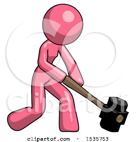 Pink Design Mascot Woman Hitting with Sledgehammer, or Smashing Something at Angle by Leo Blanchette
