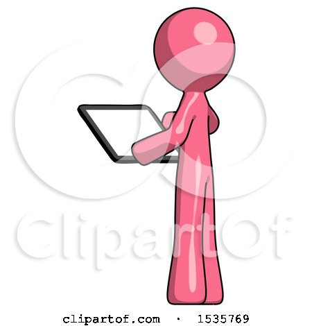 Pink Design Mascot Man Looking at Tablet Device Computer with Back to Viewer by Leo Blanchette