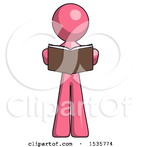 Pink Design Mascot Man Reading Book While Standing up Facing Viewer by Leo Blanchette