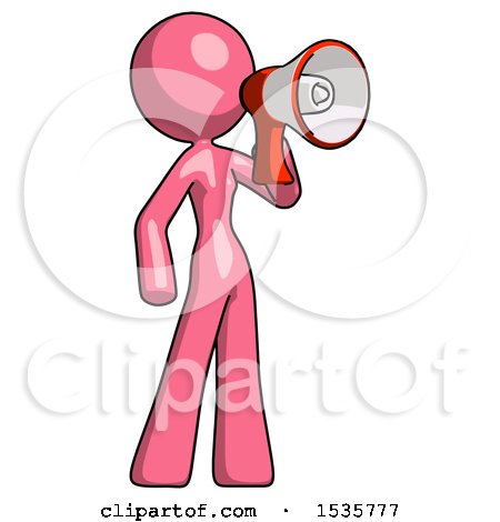 Pink Design Mascot Woman Shouting into Megaphone Bullhorn Facing Right by Leo Blanchette