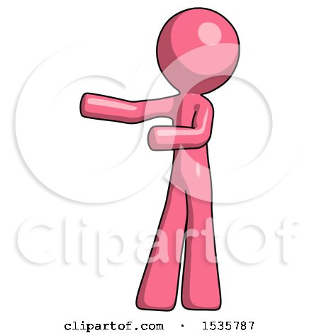 Pink Design Mascot Man Presenting Something to His Right by Leo Blanchette