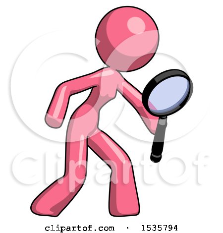 Pink Design Mascot Woman Inspecting with Large Magnifying Glass Right by Leo Blanchette