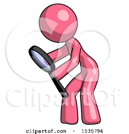 Pink Design Mascot Woman Inspecting with Large Magnifying Glass Left by Leo Blanchette