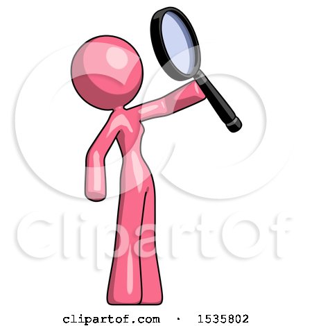 Pink Design Mascot Woman Inspecting with Large Magnifying Glass Facing up by Leo Blanchette