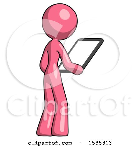 Pink Design Mascot Woman Looking at Tablet Device Computer Facing Away by Leo Blanchette