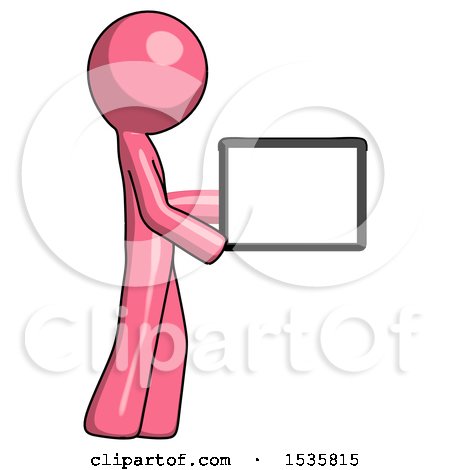Pink Design Mascot Man Show Tablet Device Computer to Viewer, Blank Area by Leo Blanchette