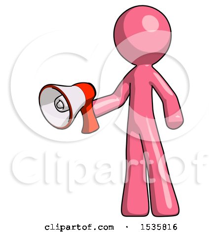 Pink Design Mascot Man Holding Megaphone Bullhorn Facing Right by Leo Blanchette