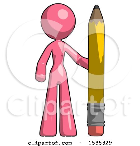Pink Design Mascot Woman with Large Pencil Standing Ready to Write by Leo Blanchette