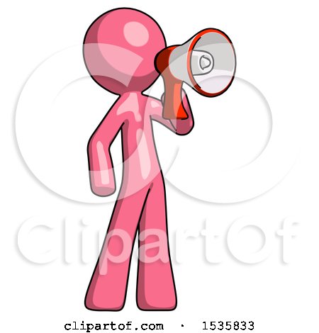 Pink Design Mascot Man Shouting into Megaphone Bullhorn Facing Right by Leo Blanchette