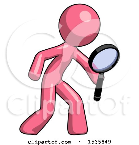 Pink Design Mascot Man Inspecting with Large Magnifying Glass Right by Leo Blanchette