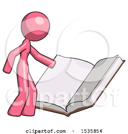 Pink Design Mascot Woman Reading Big Book While Standing Beside It by Leo Blanchette
