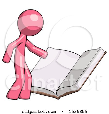 Pink Design Mascot Man Reading Big Book While Standing Beside It by Leo Blanchette
