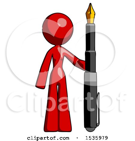 Red Design Mascot Woman Holding Giant Calligraphy Pen by Leo Blanchette