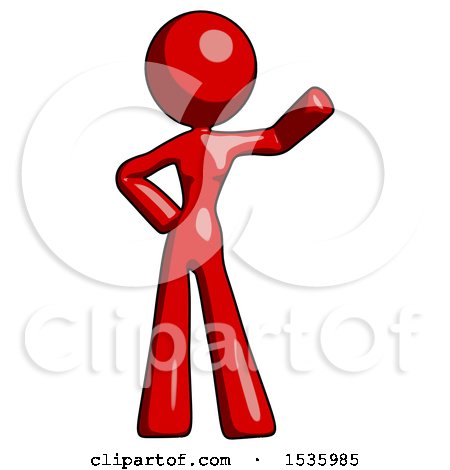 Red Design Mascot Woman Waving Left Arm with Hand on Hip by Leo Blanchette