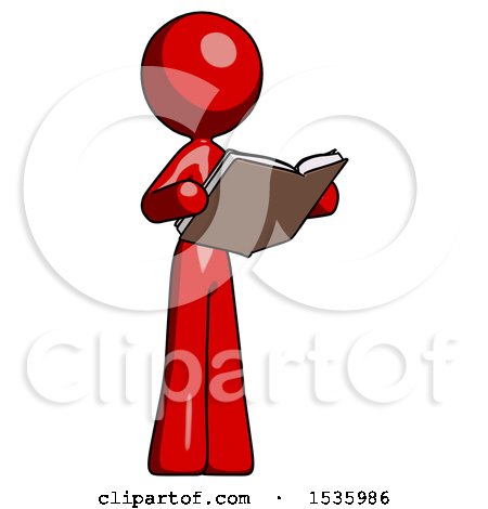 Red Design Mascot Woman Reading Book While Standing up Facing Away by Leo Blanchette