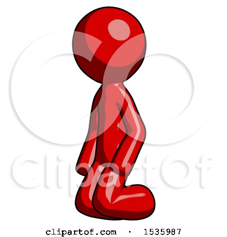 Red Design Mascot Man Kneeling Angle View Left by Leo Blanchette
